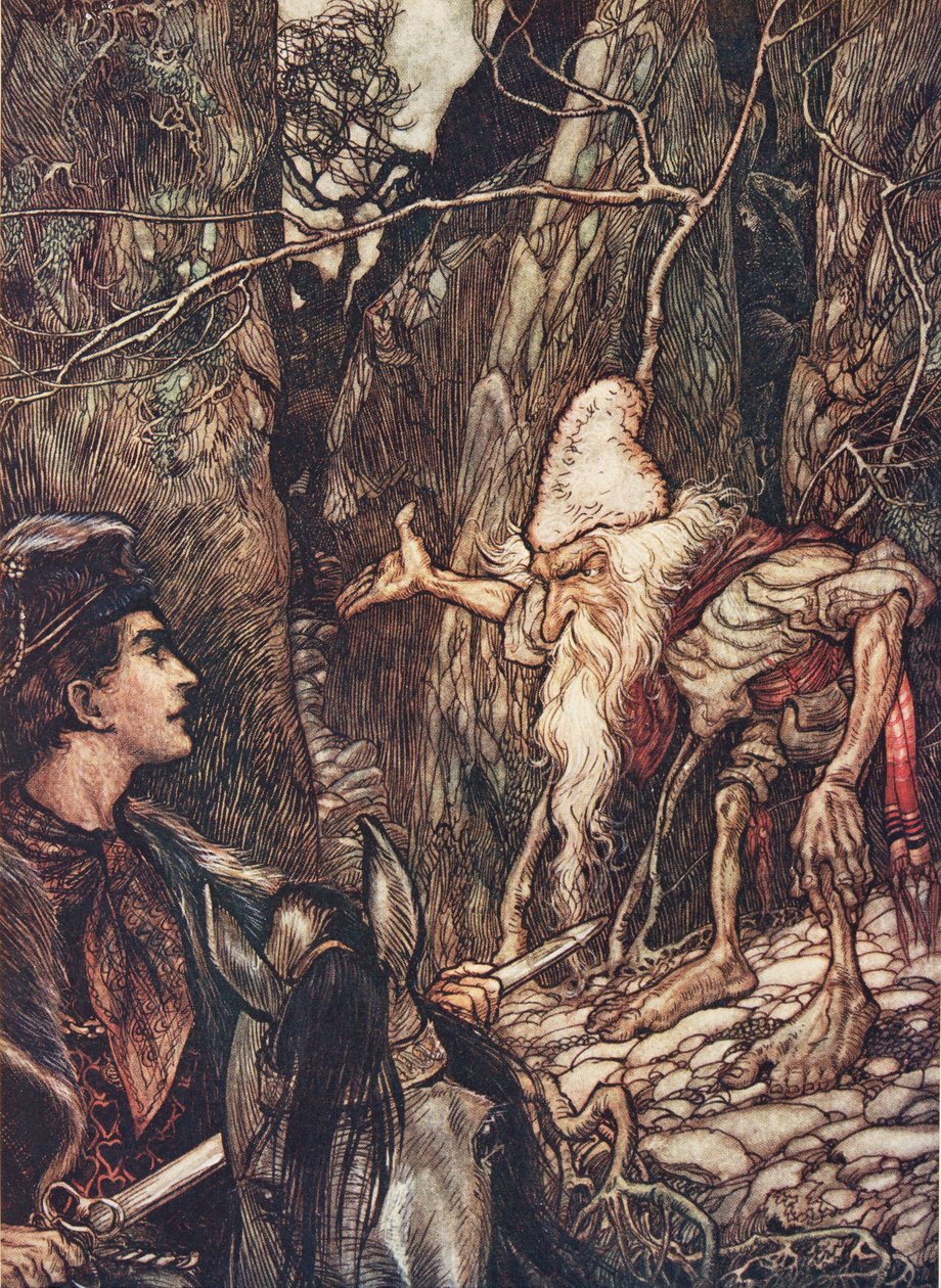 Buen enano, ¿no puedes decirme dónde están mis hermanos? de Los cuentos de hadas de los hermanos Grimm, pub. 1909 de Arthur Rackham