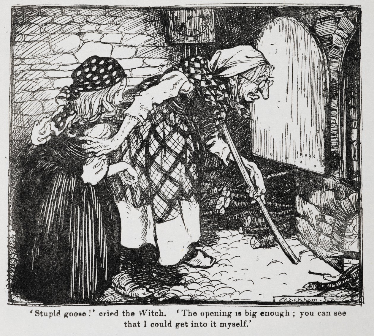 Grethel y la vieja bruja junto al horno de Hansel y Grethel. de Arthur Rackham