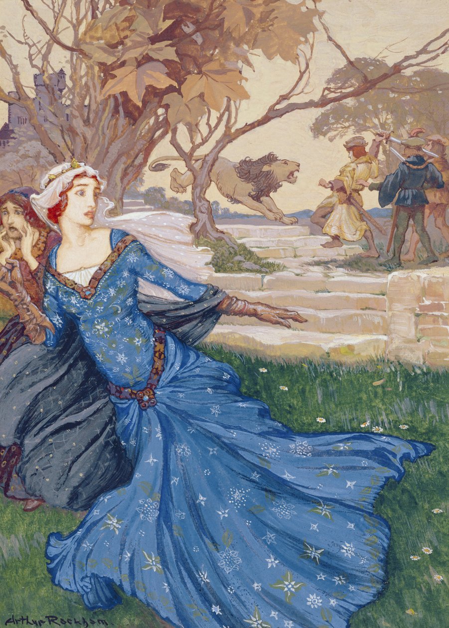 Guinevere rescatada por La Cote Male Taile, ilustración de Una colección de cuentos de hadas antiguos: Grimm, Andersen y cuentos del Rey Arturo, publicada en 1905 de Arthur Rackham