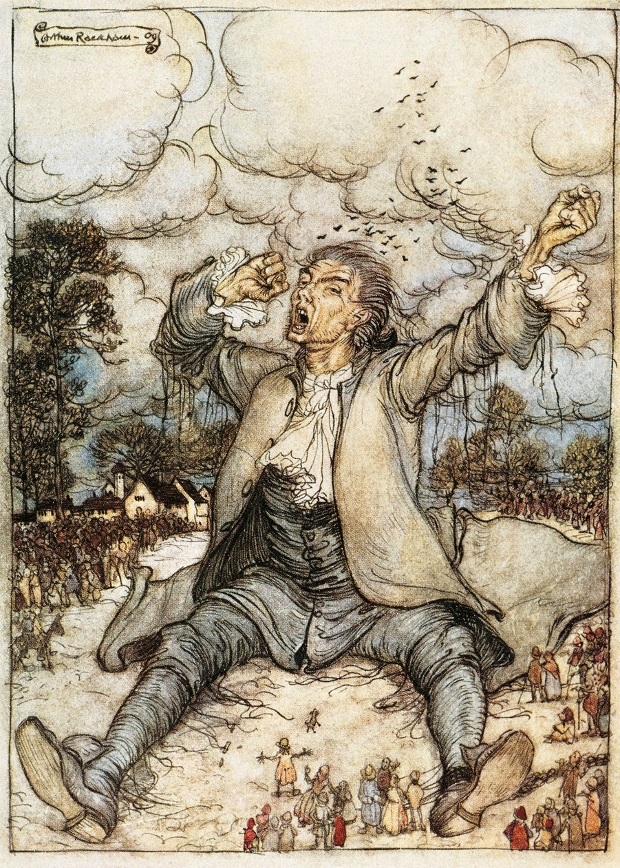 Gulliver despertando en Liliput, Ilustración de Los viajes de Gulliver de Jonathan Swift, por Arthur Rackham de Arthur Rackham