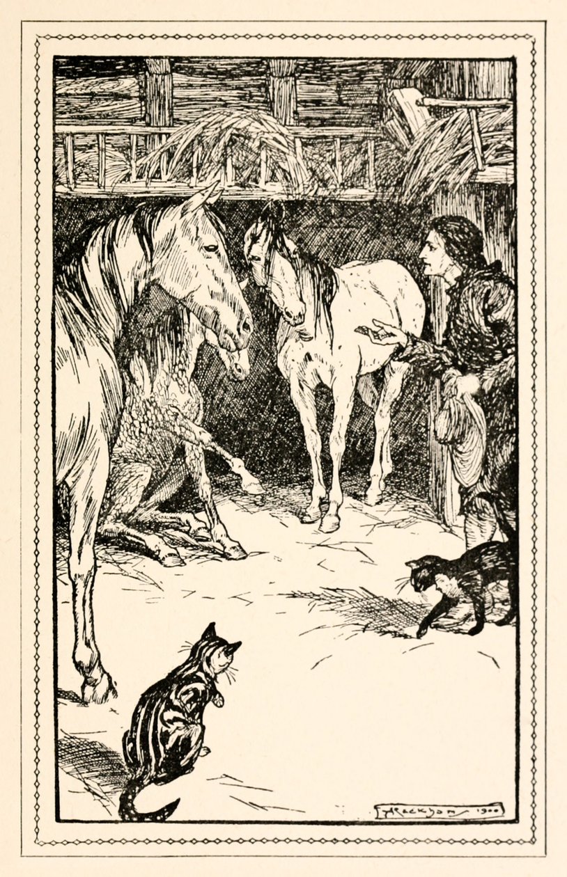 Gulliver tiene el honor de ser interrogado por los invitados de sus amos, de la Parte IV: Un viaje al país de los Houyhnhnms en Los viajes de Gulliver de Jonathan Swift de Arthur Rackham