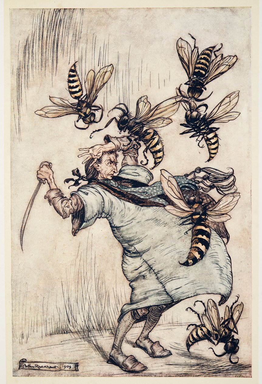 El combate de Gulliver con las avispas, de Los viajes de Gulliver de Jonathan Swift (1667 - 1745), pub. 1909 de Arthur Rackham