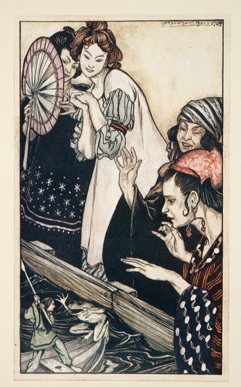 Encuentro de Gulliver con la rana, de Los viajes de Gulliver por Jonathan Swift (1667 - 1745), pub. 1909 de Arthur Rackham