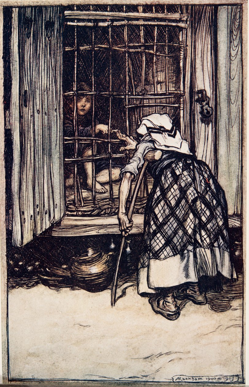 Hansel sacó un hueso de nudillo, y la anciana, cuyos ojos estaban nublados, no pudo ver y pensó que era su dedo, y se sorprendió mucho de que no engordara, de Los cuentos de hadas de los hermanos Grimm, pub. 1909 de Arthur Rackham