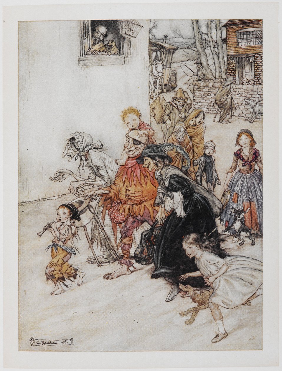 Los perros ladran". Una colección de personajes, entre ellos un bufón, ancianas y niños, paseando por las calles. de Arthur Rackham
