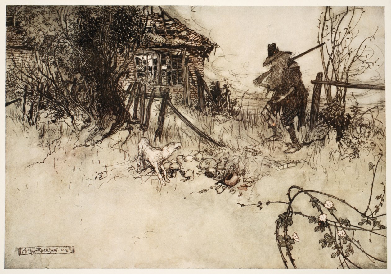 Encontró la casa en decadencia. Mi propio perro, suspiró el pobre Rip, me ha olvidado., de Rip Van Winkle por Washington Irving, pub. 1910 de Arthur Rackham