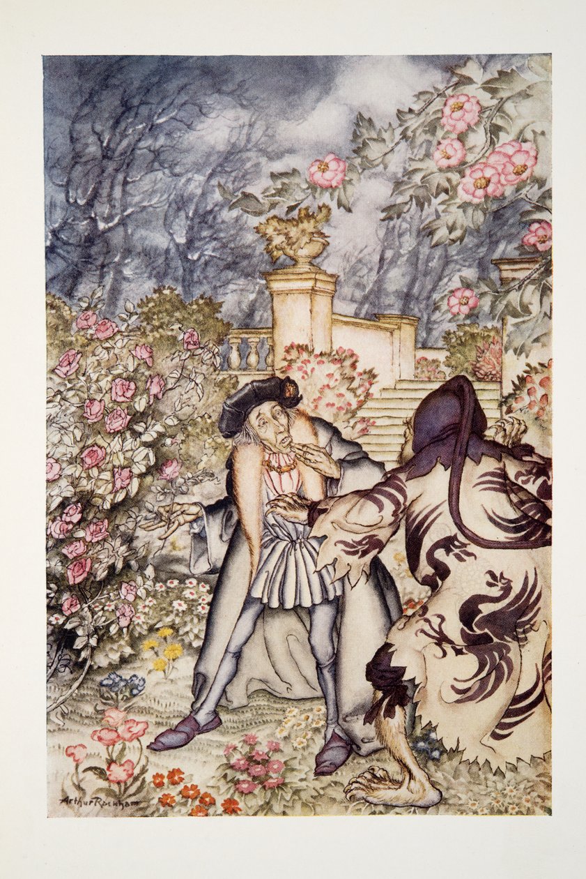 Oyó un fuerte ruido y vio venir hacia él una bestia tan espantosa que estuvo a punto de desmayarse de miedo, de The Arthur Rackham Fairy Book, pub. 1933 de Arthur Rackham