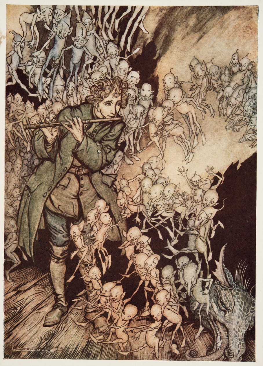 Tocó hasta que la habitación se llenó completamente de gnomos, de Hermanito y Hermanita y otros cuentos de los Hermanos Grimm, pub. 1917 de Arthur Rackham