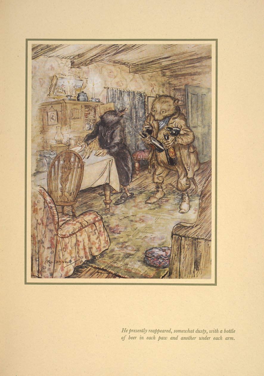 Al poco reapareció, algo polvoriento, con una botella de cerveza bajo cada brazo". de Arthur Rackham