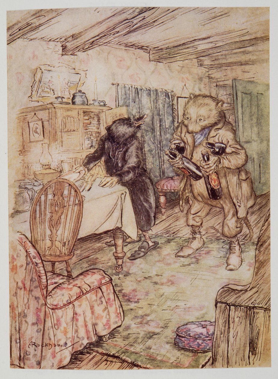 Apareció de nuevo, algo polvoriento, con una botella de cerveza en cada pata y otra bajo cada brazo, de El viento en los sauces de Kenneth Grahame (1859 - 1932), pub. 1940 de Arthur Rackham