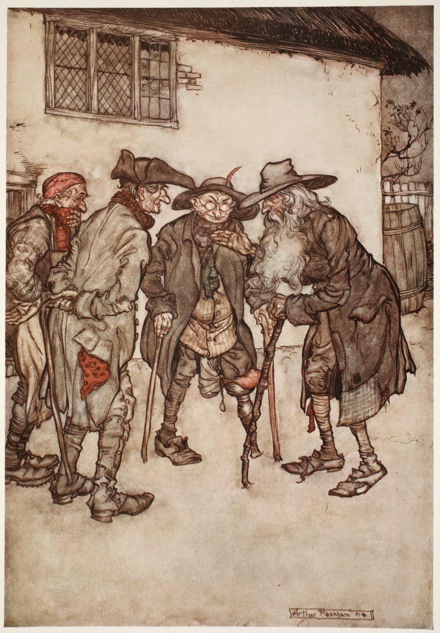 Pronto encontró a muchos de sus antiguos amigos, aunque todos bastante deteriorados por el desgaste del tiempo., de Rip Van Winkle de Washington Irving, pub. 1910 de Arthur Rackham