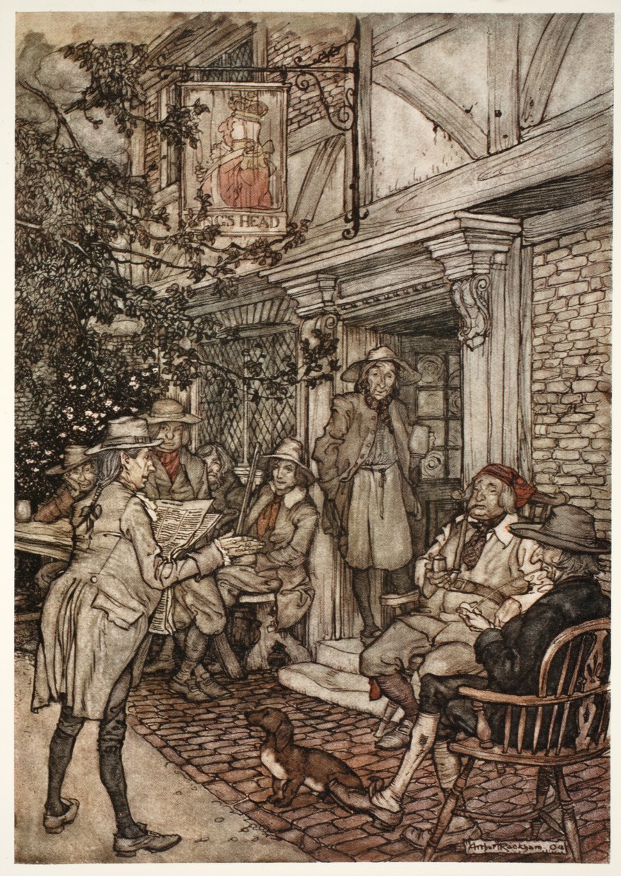 Solía consolarse frecuentando una especie de club perpetuo de sabios, filósofos y otras personas ociosas, que celebraba sus sesiones frente a una pequeña posada., de Rip Van Winkle de Washington Irving de Arthur Rackham