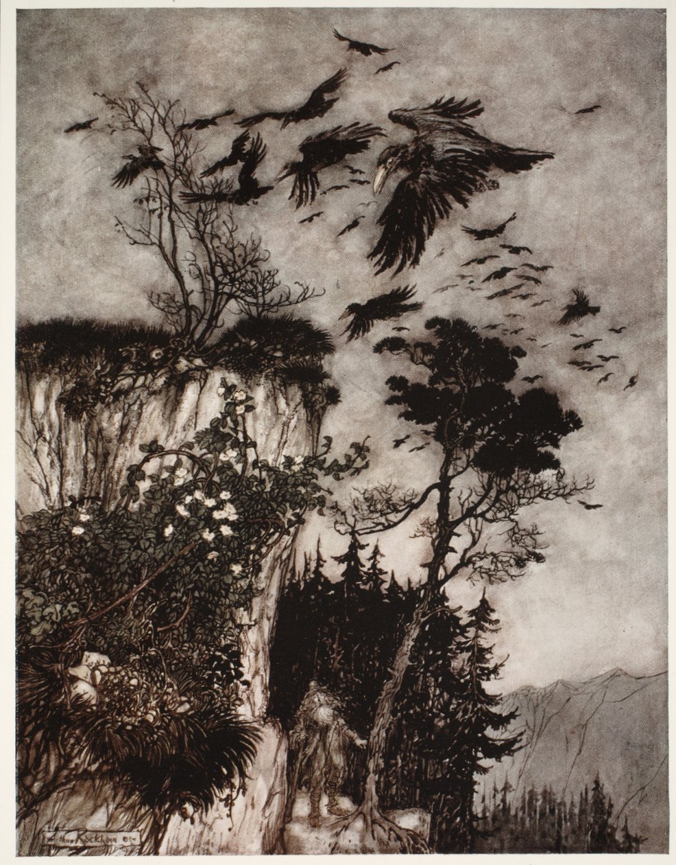 Solo fue respondido por una bandada de cuervos ociosos., de Rip Van Winkle por Washington Irving, pub. 1910 de Arthur Rackham