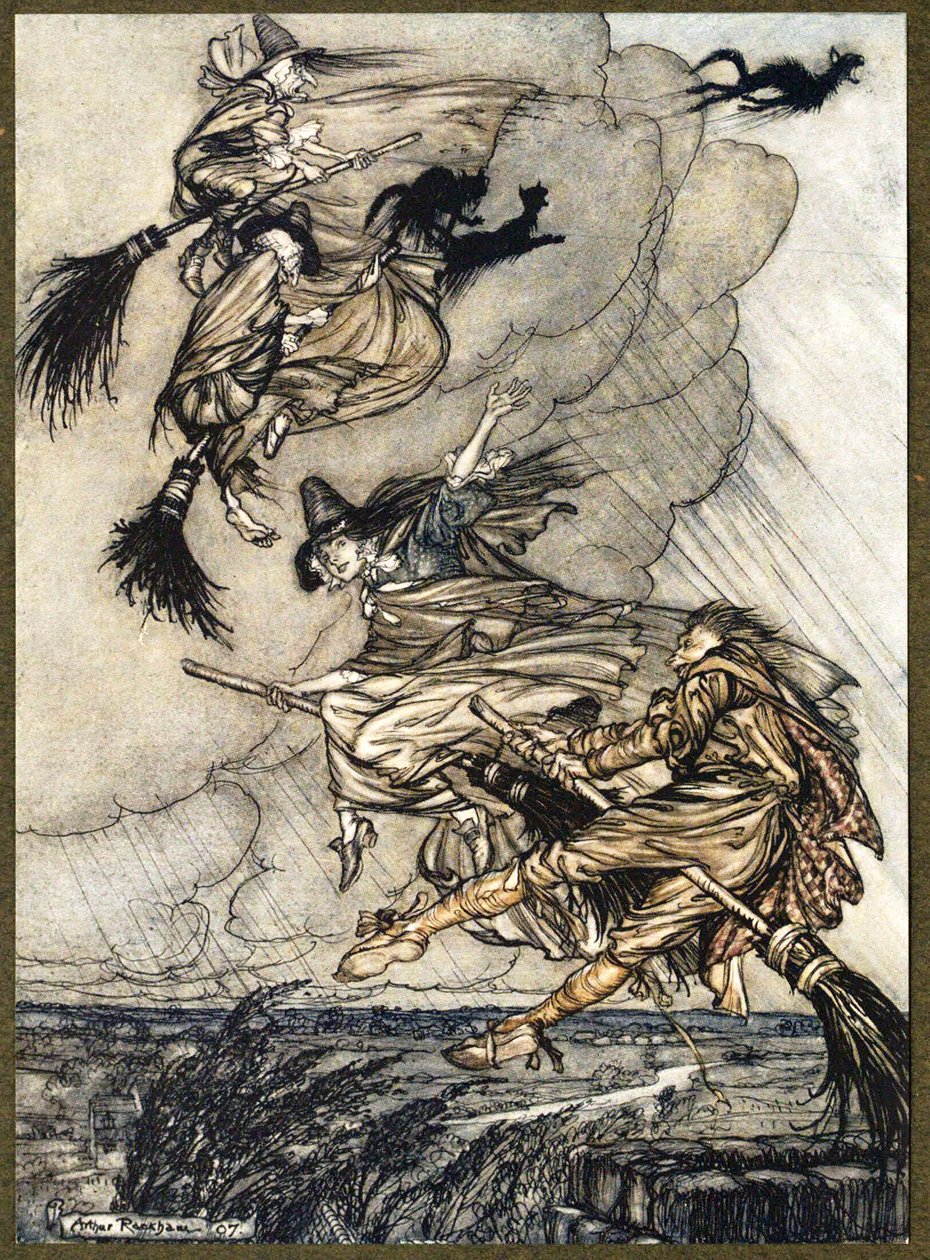 ¡Hey! ¡Arriba por la chimenea, muchacha! ¡Hey, después de ti!, de Las Leyendas de Ingoldsby, pub. 1907 de Arthur Rackham