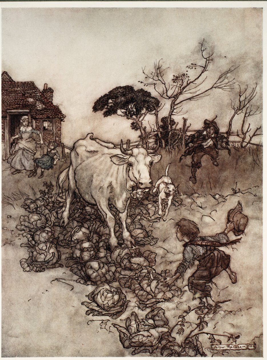 Su vaca se extraviaba o se metía entre las coles., de Rip Van Winkle de Washington Irving, pub. 1910 de Arthur Rackham