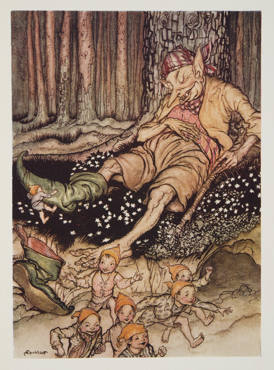 Pulgarcito se acercó al Ogro suavemente y le quitó las botas de siete leguas, de The Arthur Rackham Fairy Book, pub. 1933 de Arthur Rackham