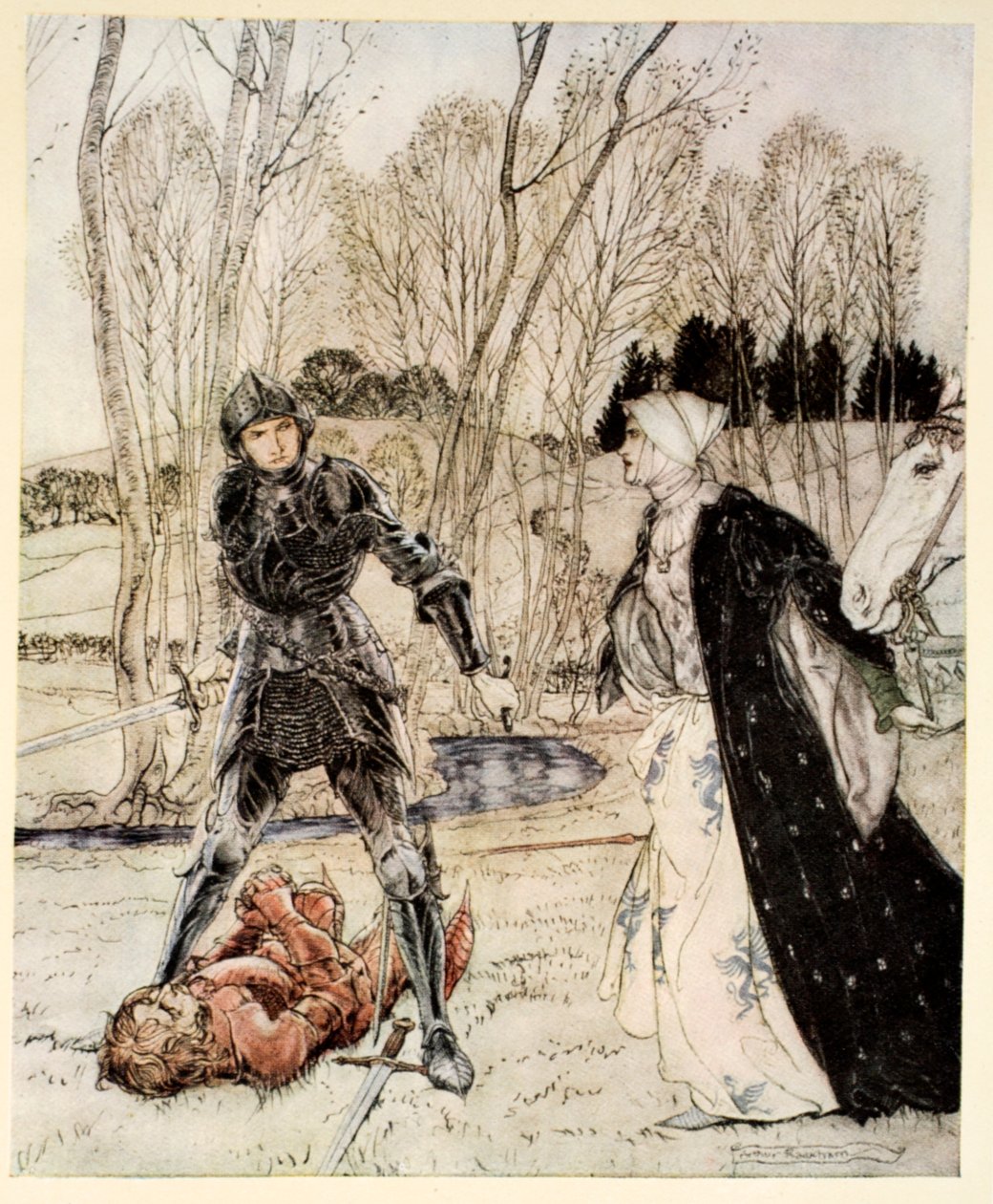 Cómo Beaumains derrotó al Caballero Rojo y siempre la dama le dijo muchas palabras groseras, ilustración de 