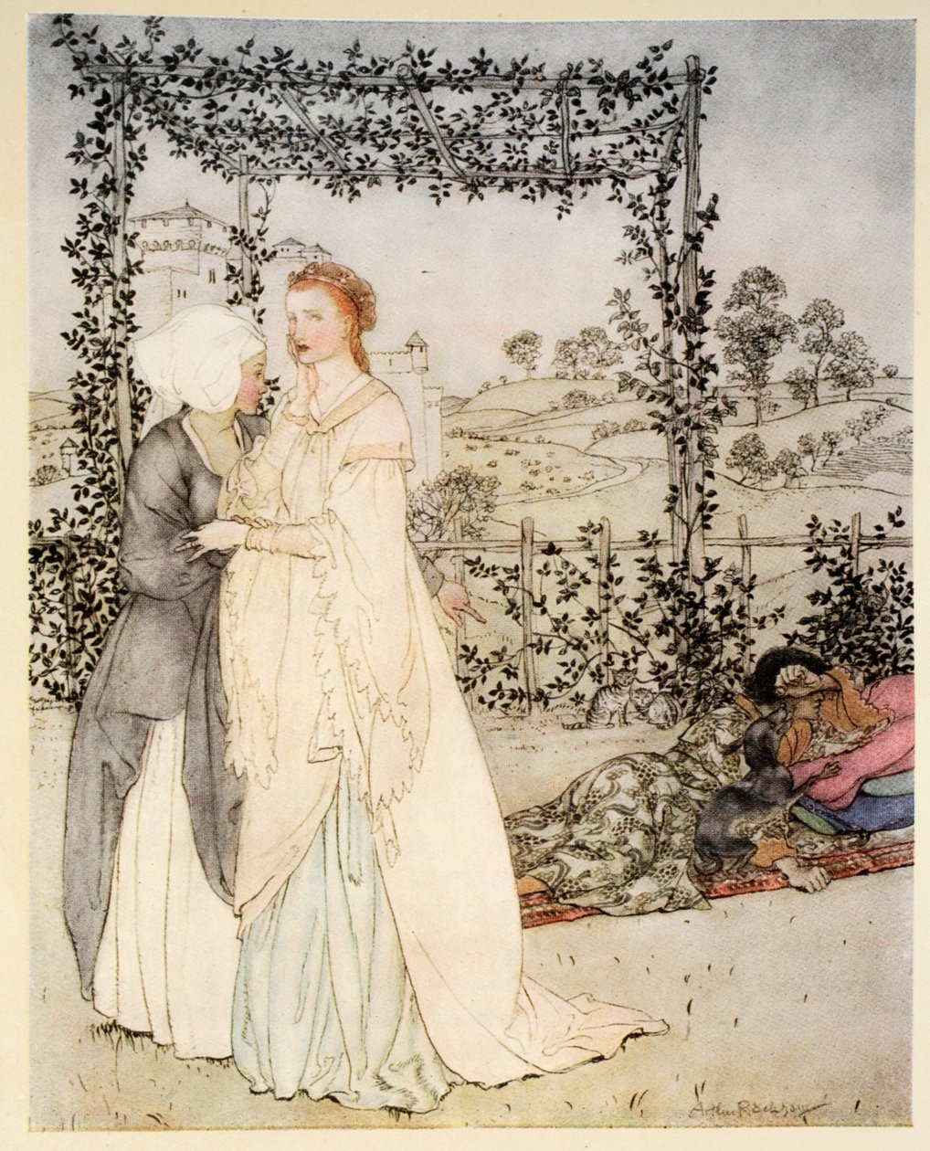 Cómo Tristram fue reconocido por el pequeño brachet en el jardín del castillo del Rey Mark, ilustración de 
