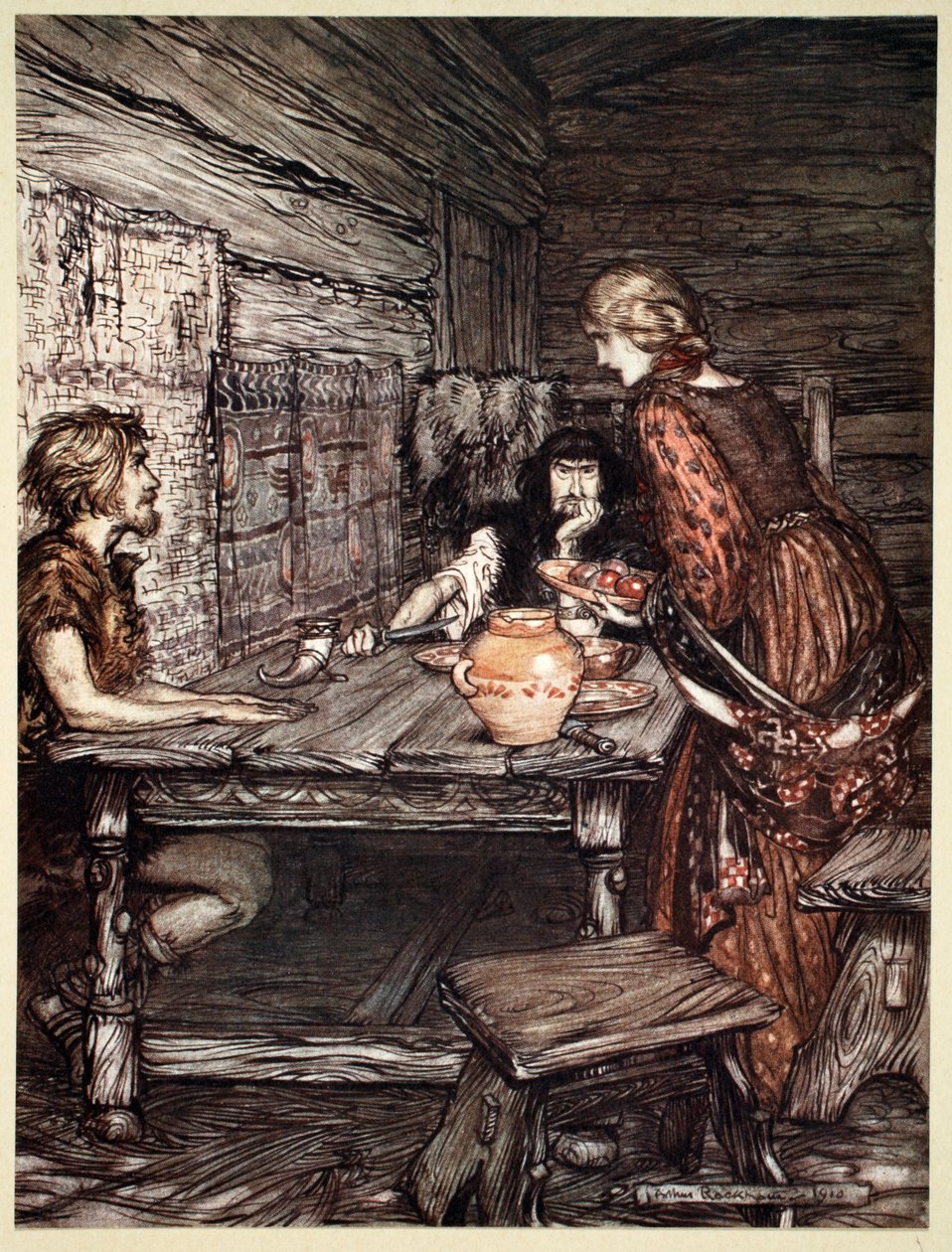 Hunding descubre la semejanza entre Siegmund y Sieglunde de Arthur Rackham