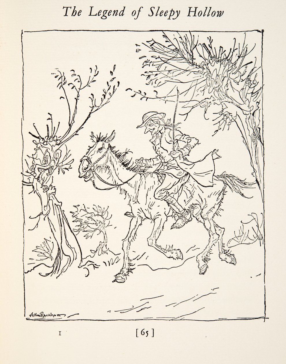 Ichabod Crane escapando del Jinete Sin Cabeza, de La leyenda de Sleepy Hollow de Washington Irving (1783 - 1859), pub. 1928 de Arthur Rackham