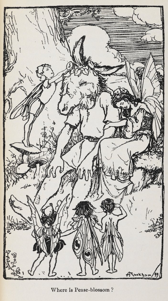 Ilustración de Sueño de una noche de verano con hadas y un hombre con cabeza de asno. de Arthur Rackham