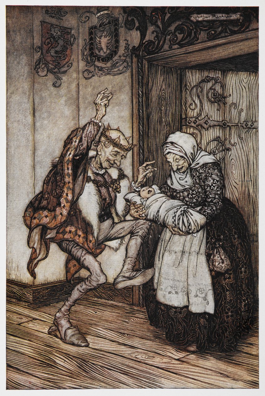 Ilustración de Briar Rose de unos ancianos reyes y su bebé. de Arthur Rackham