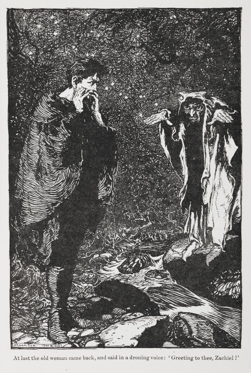 Ilustración de Jorinda y Joringel de Zachiel y la anciana. de Arthur Rackham