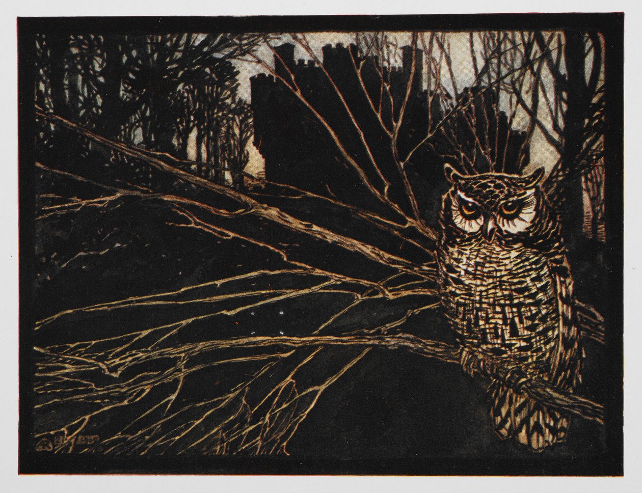 Ilustración de Jorinda y Joringel de un búho chillón. de Arthur Rackham