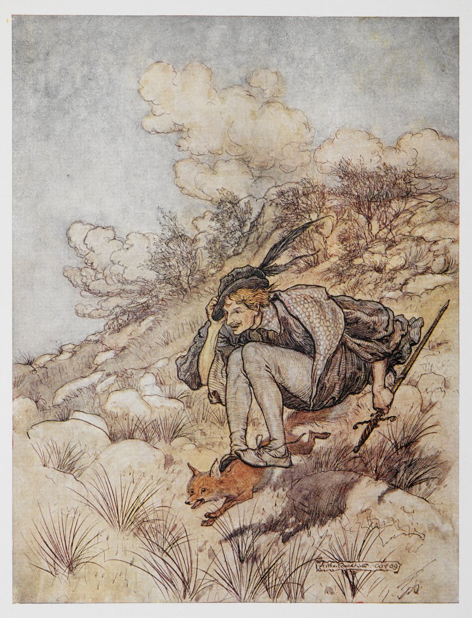 Ilustración de El pájaro de oro. Un príncipe montado en un zorro. de Arthur Rackham