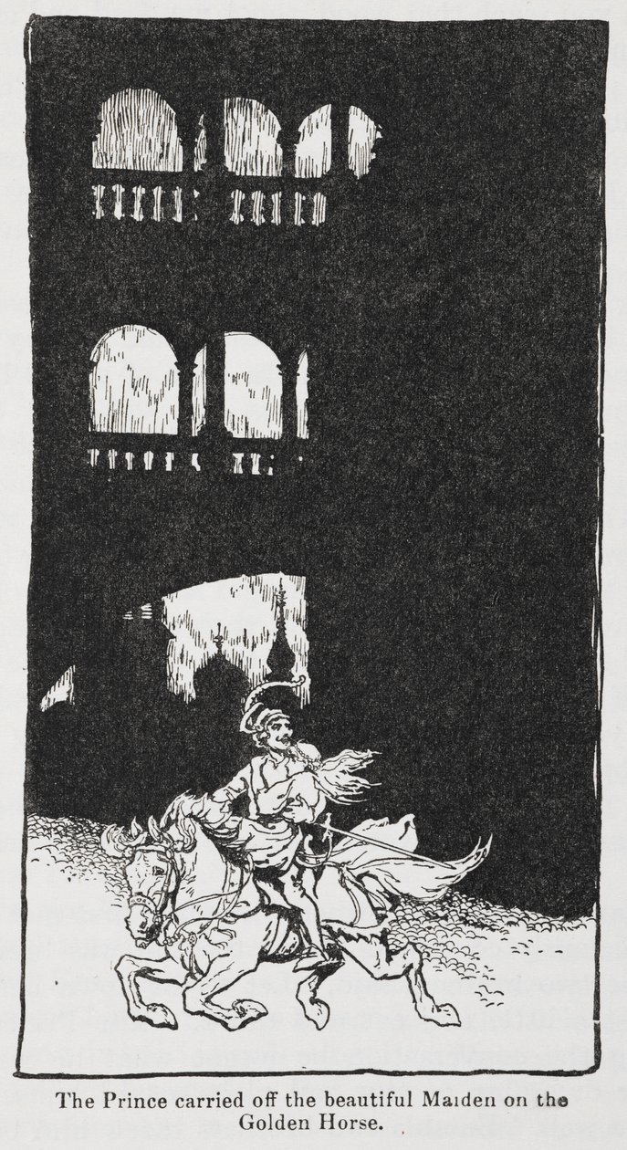 Ilustración de El pájaro de oro cuando el príncipe se lleva a la doncella a caballo. de Arthur Rackham