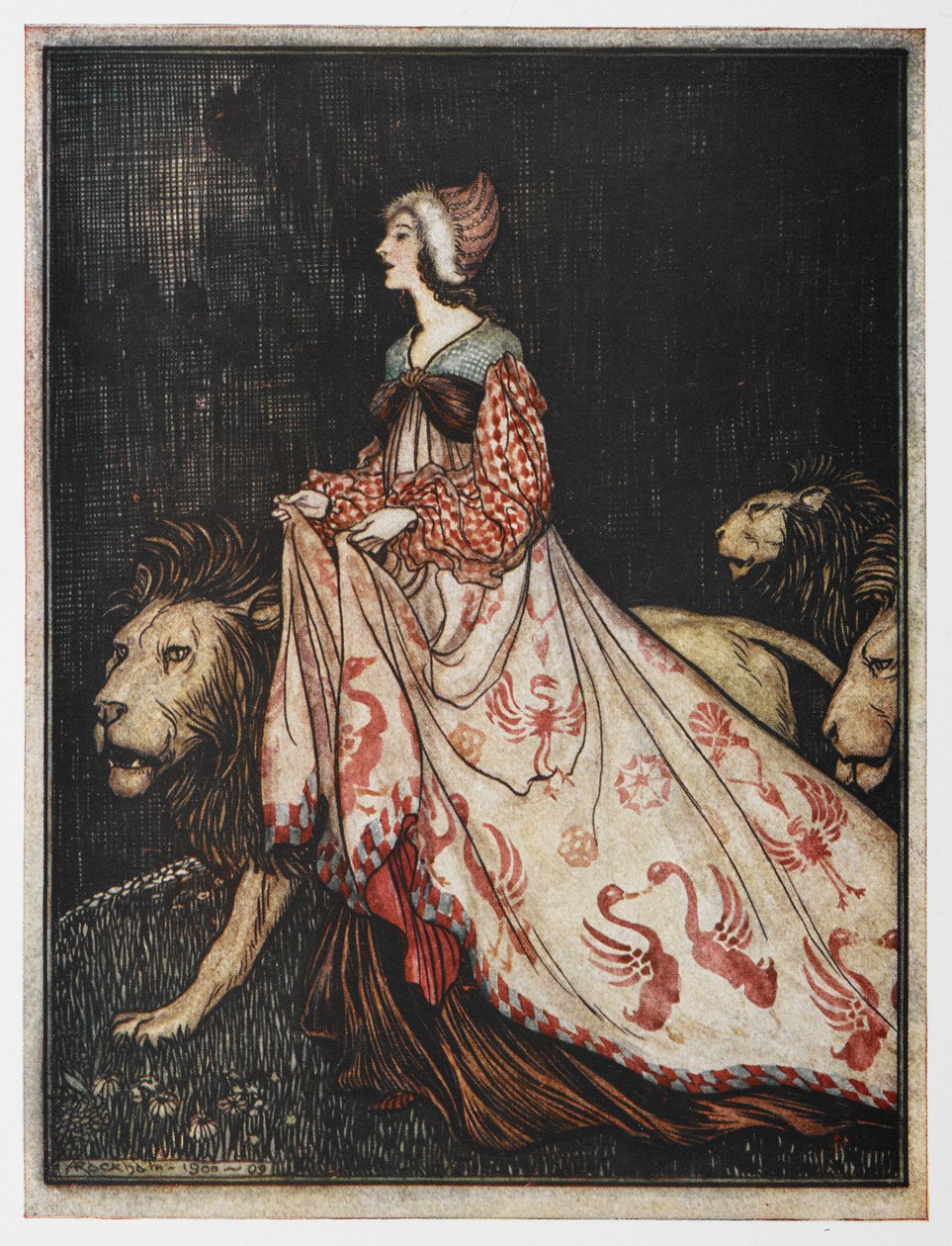 Ilustración de La dama y el león. de Arthur Rackham