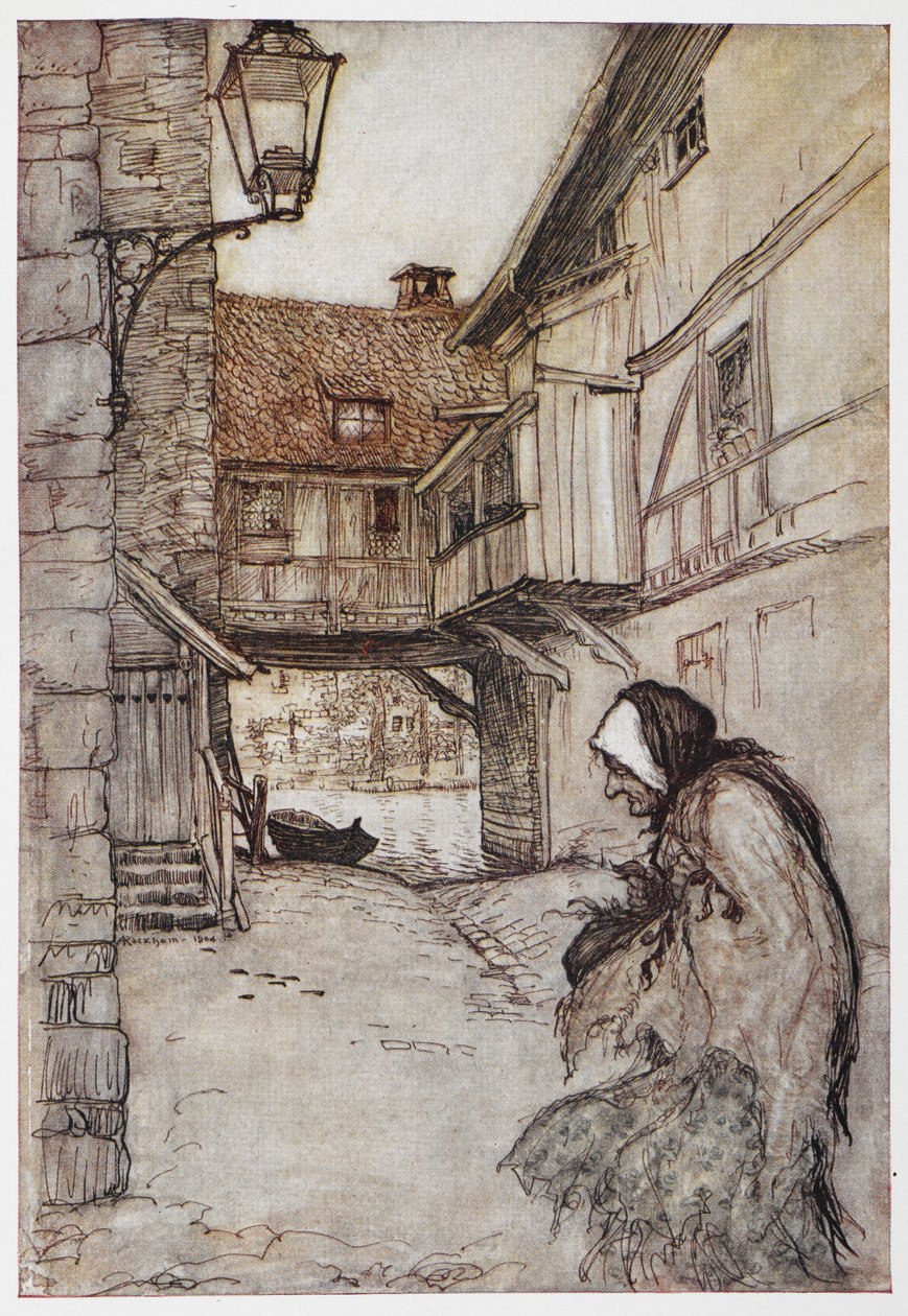 Ilustración de La paja, el carbón y la judía. de Arthur Rackham