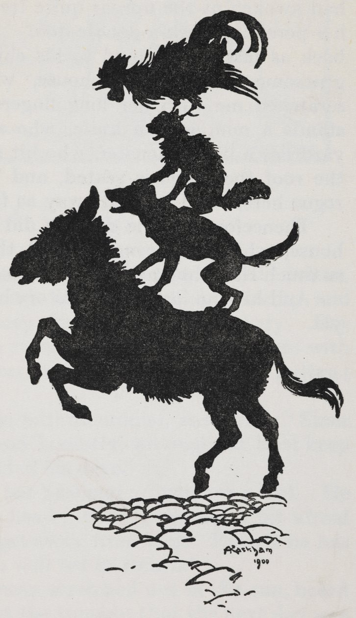 Ilustración de los Músicos de la ciudad de Bremen de un asno, un perro, un gato y un gallo. de Arthur Rackham