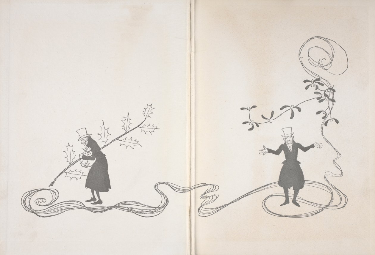 Ilustración de Scrooge. Por un lado se le representa con una ramita de acebo, agarrando una bolsa de dinero y con aspecto enfadado. En el otro, aparece con una ramita de muérdago y parece feliz. de Arthur Rackham