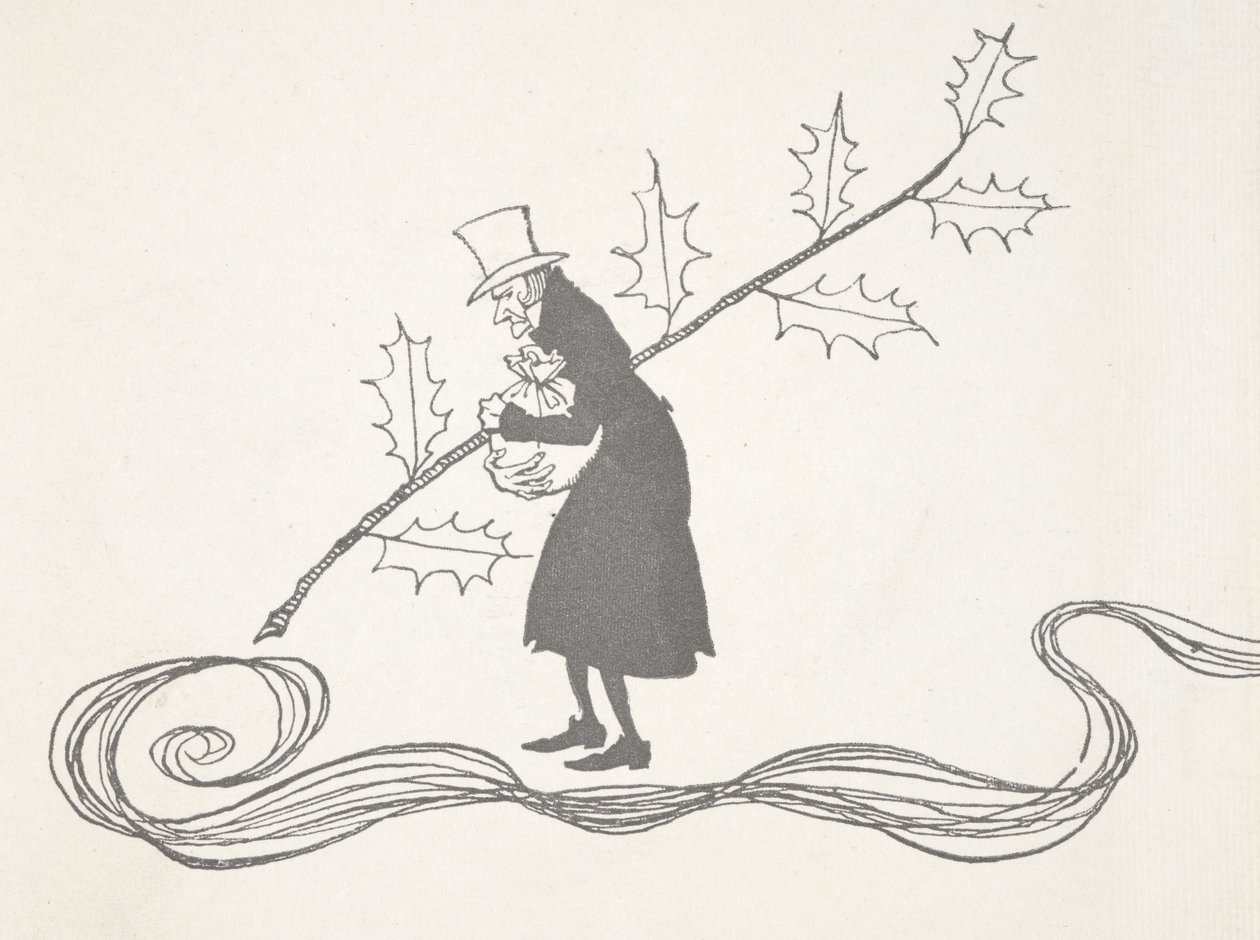 Ilustración de Scrooge, representado por una ramita de acebo, agarrando una bolsa de dinero y con cara de enfado. de Arthur Rackham