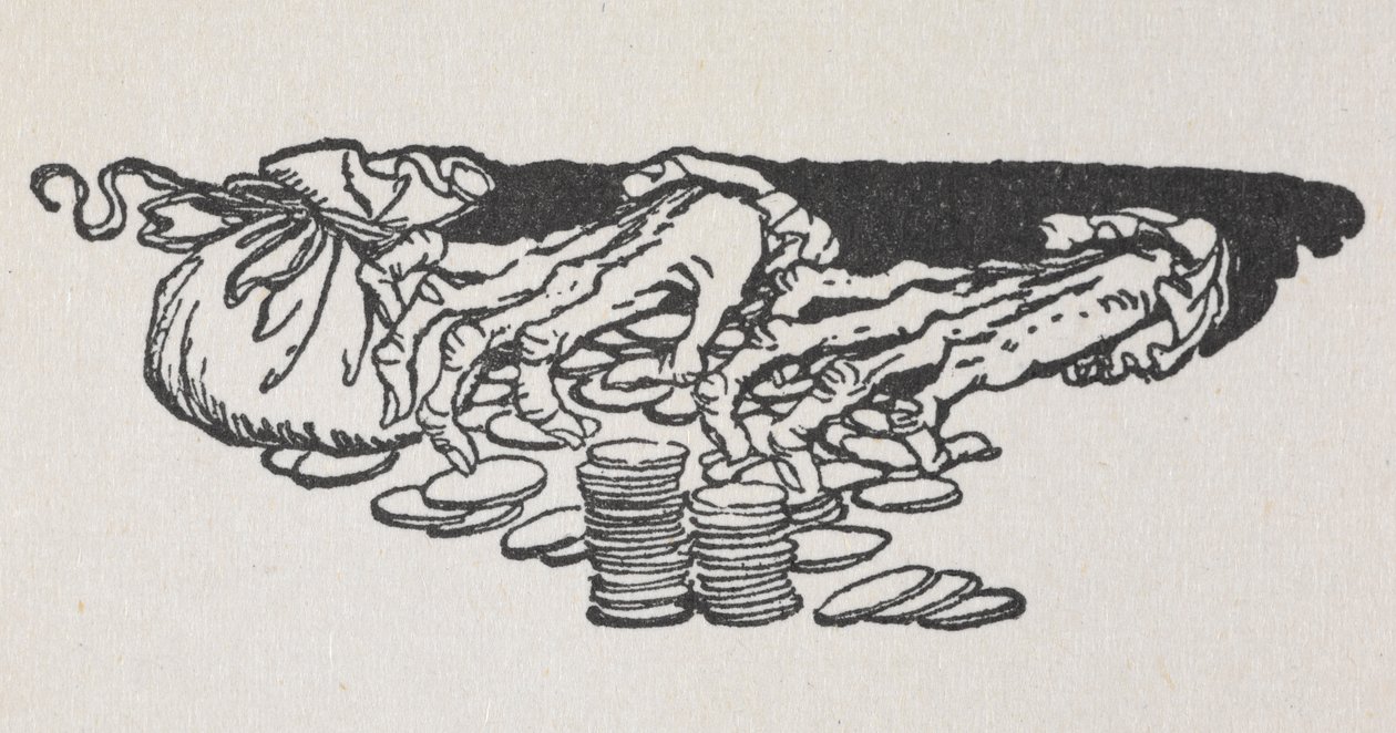 Ilustración de las manos de Scrooge contando dinero de Arthur Rackham