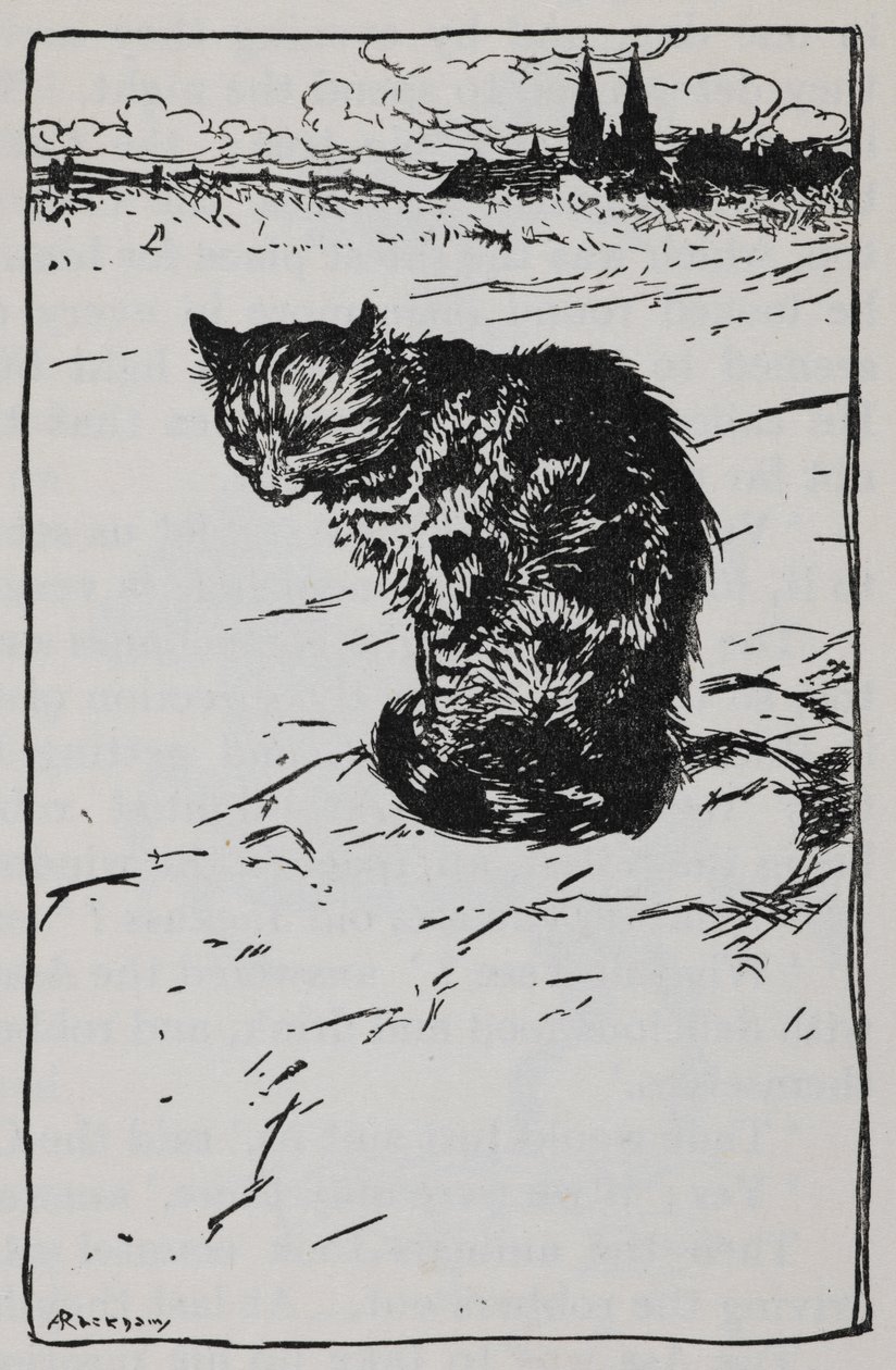 Ilustración de un gato de Los músicos de la ciudad de Bremen. de Arthur Rackham