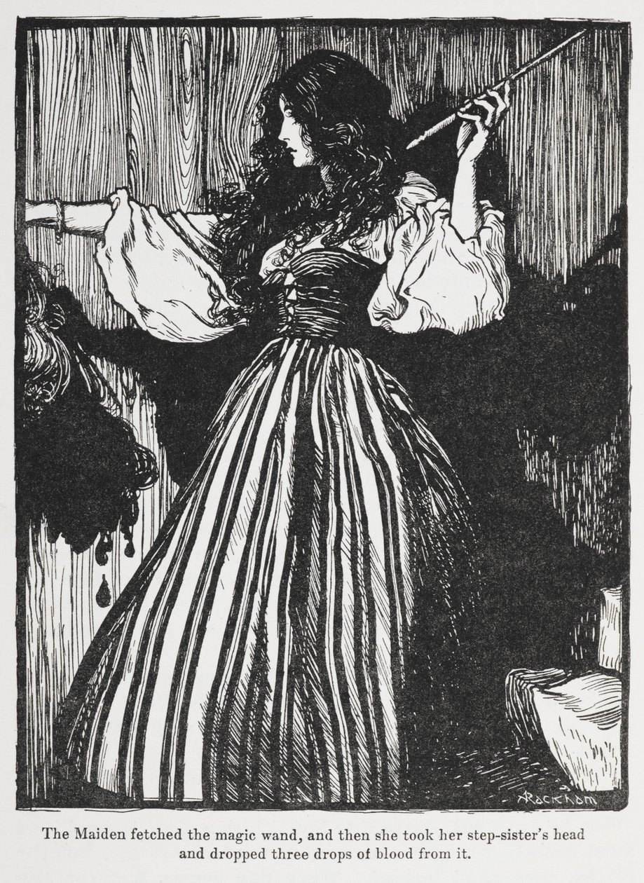 Ilustración de una niña con un vestido a rayas de Sweetheart Roland. de Arthur Rackham