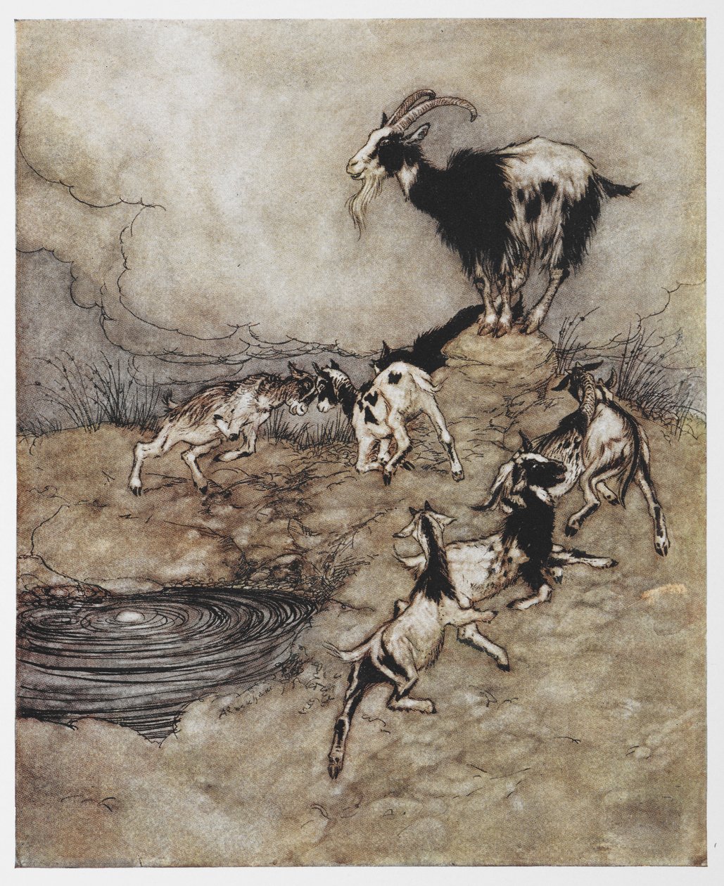 Ilustración de una cabra y sus cabritillos jugando de El lobo y los siete cabritillos. de Arthur Rackham