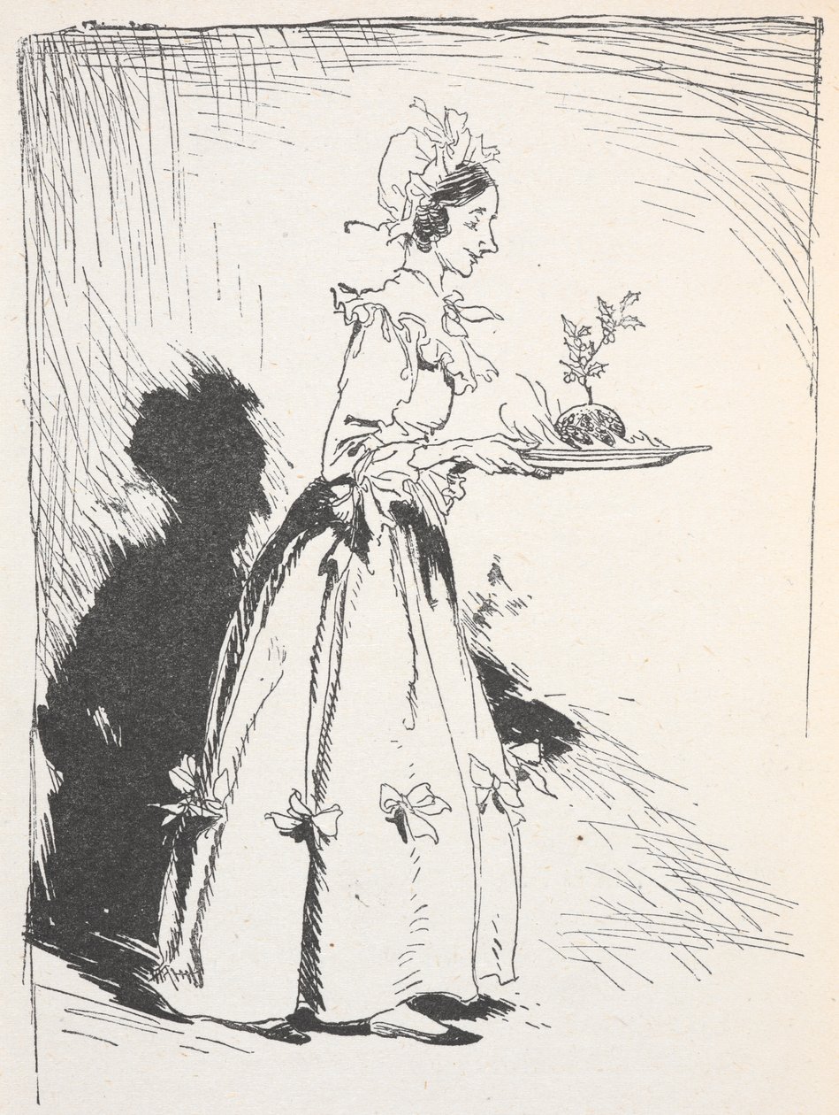Ilustración de una mujer que lleva un pudín de Navidad de Arthur Rackham