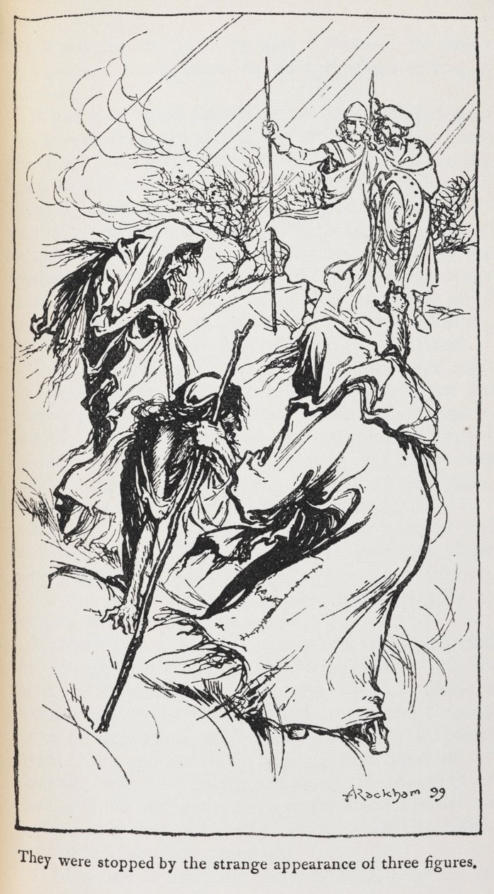 Ilustración de las tres brujas, Macbeth y Banquo. de Arthur Rackham