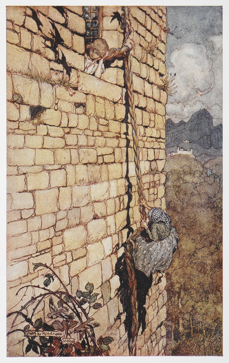 Ilustración de la bruja trepando por el pelo de Rapunzel. de Arthur Rackham