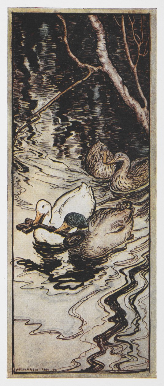 Ilustración de dos patos que llevan una llave de The Queen Bee. de Arthur Rackham