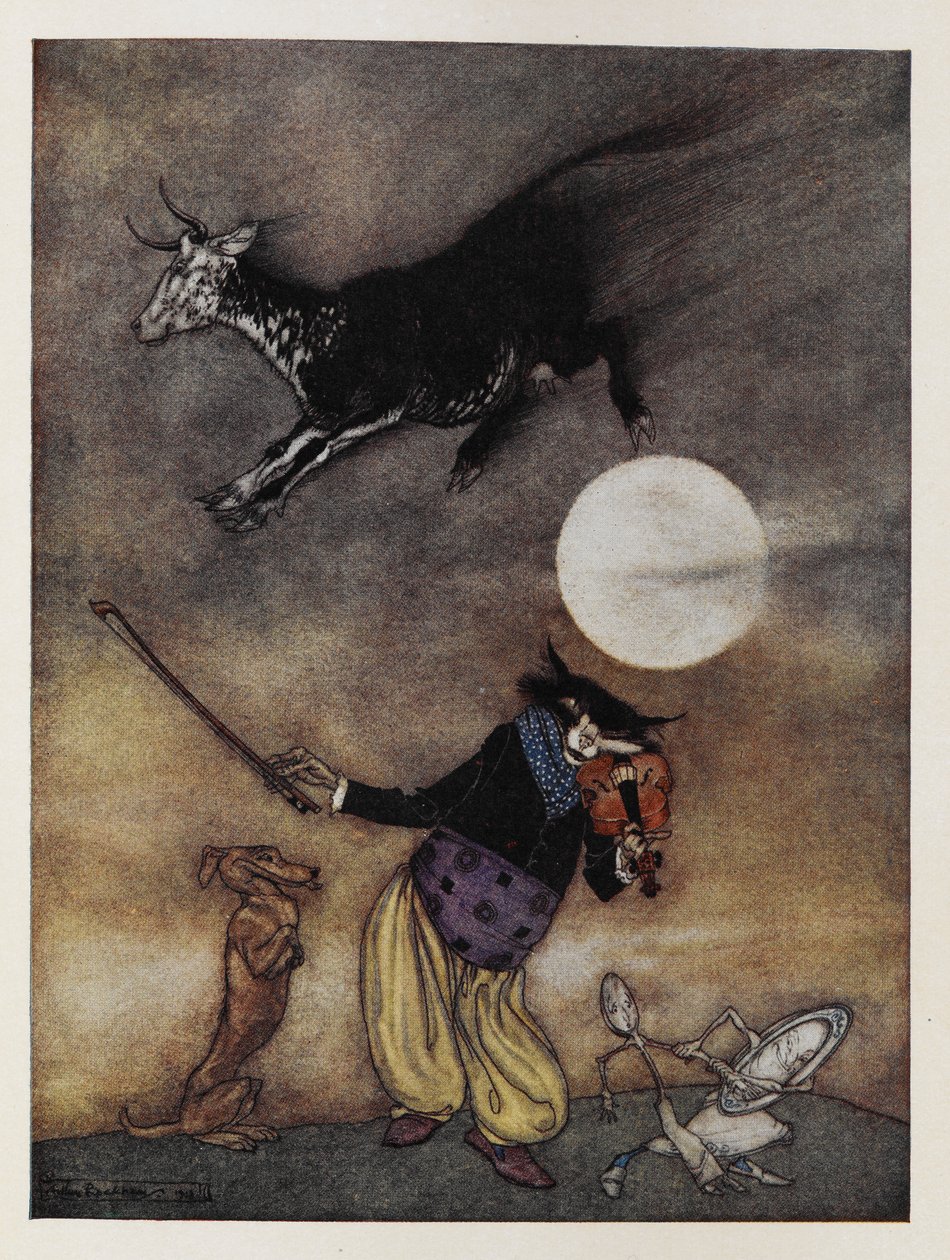 Ilustración de una canción infantil. Una vaca saltando sobre la Luna. Un gato tocando el violín. Un perro. Un plato huyendo con una cuchara. de Arthur Rackham