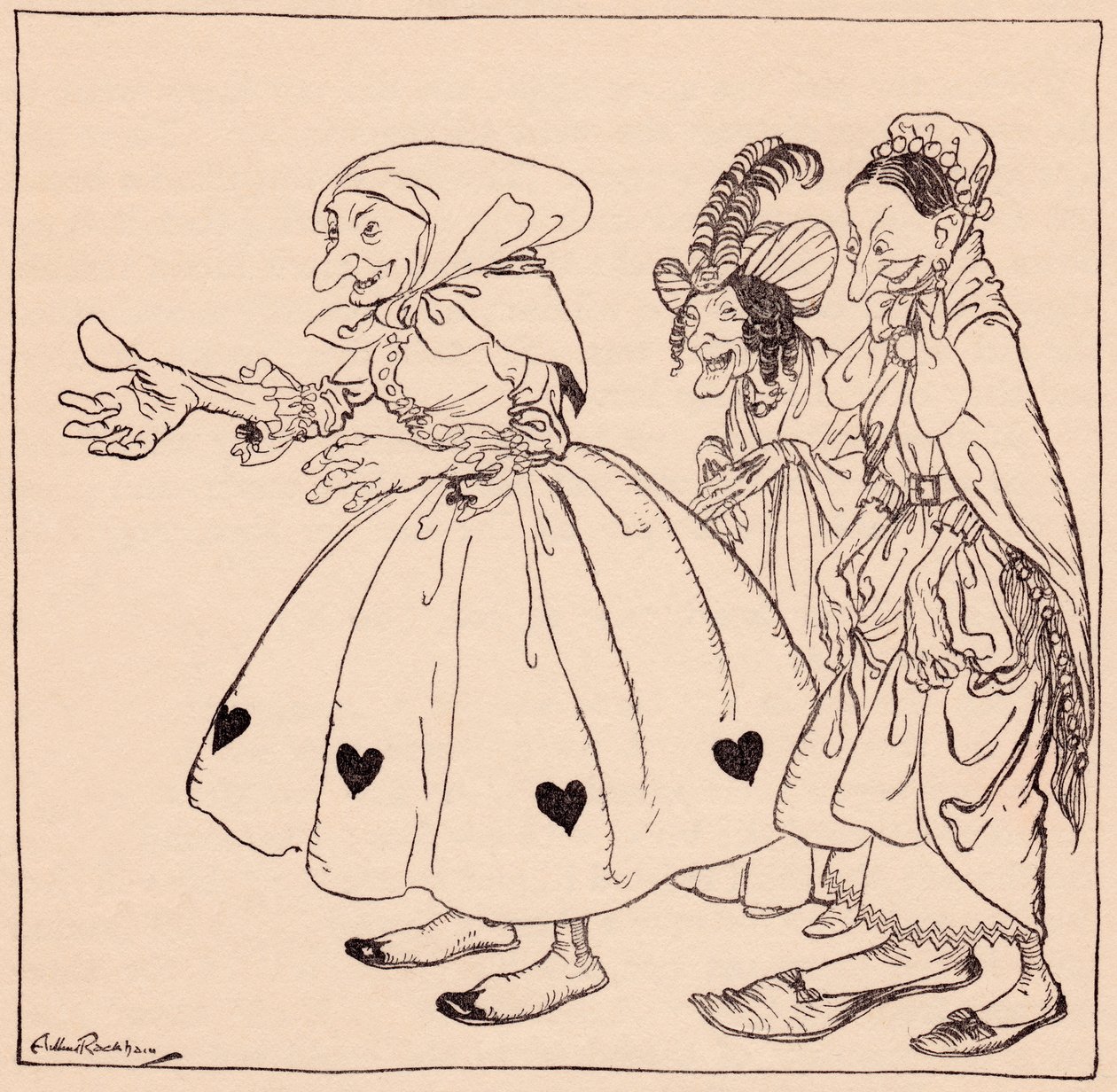 Entraron las tres mujeres vestidas de la manera más extraña. Ilustración de Arthur Rackham del cuento de Grimm Las tres hilanderas. de Arthur Rackham