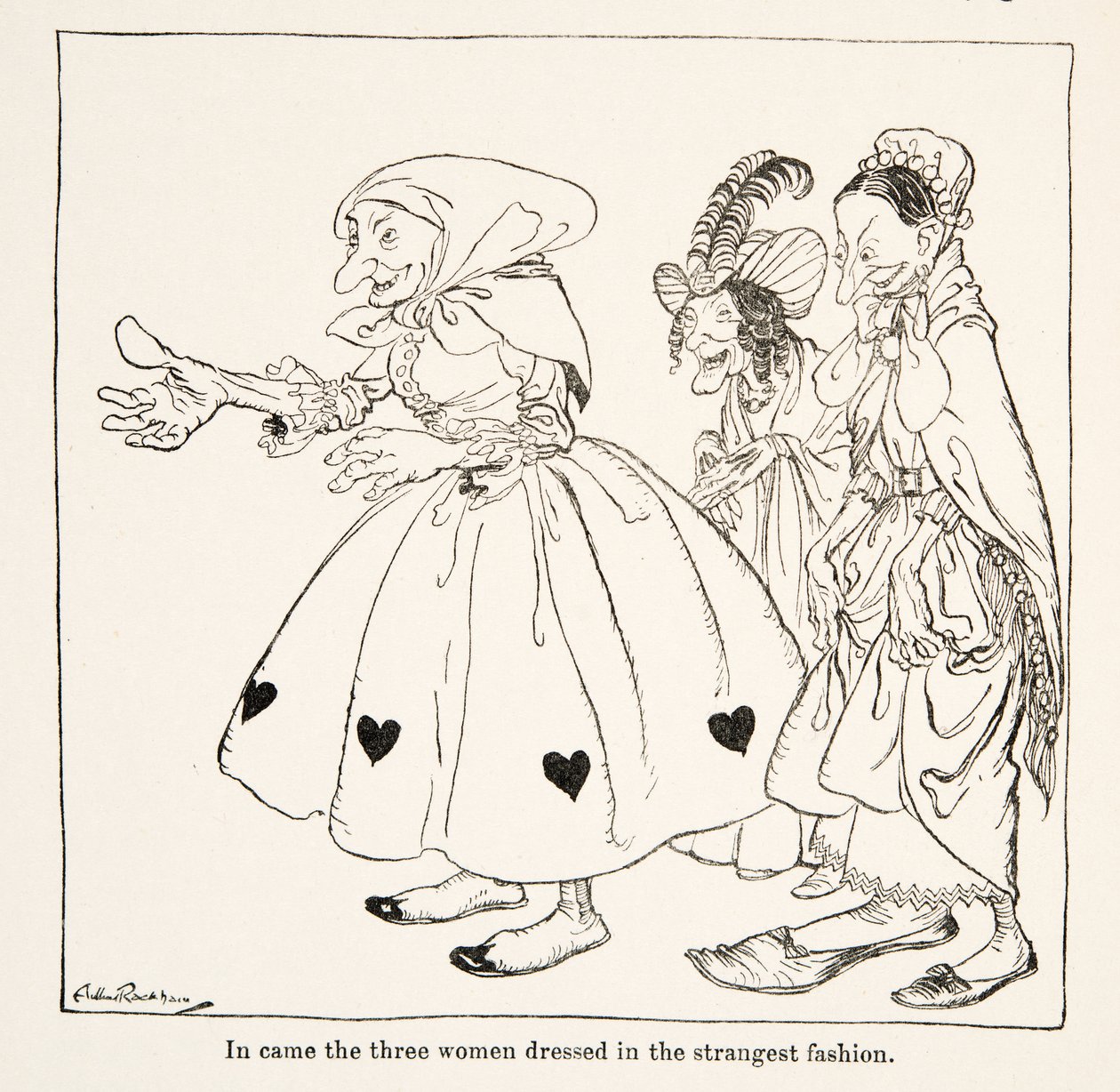 Entraron las tres mujeres vestidas de la manera más extraña, de Hermanito y hermanita y otros cuentos de los Hermanos Grimm, pub.1917 de Arthur Rackham