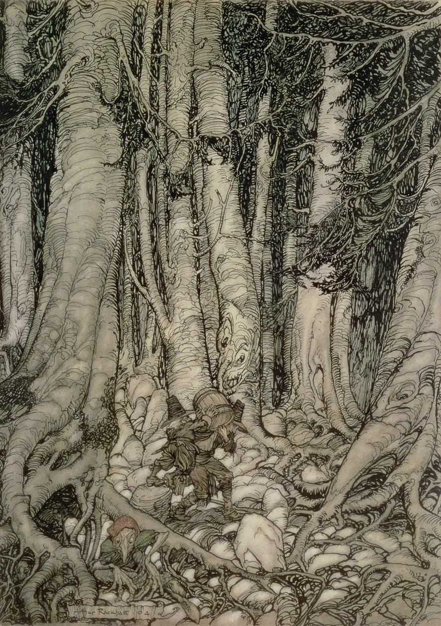 En el Bosque con un Barril de Rip Van Winkle escrito por Washington Irving (1783-1859), 1905 de Arthur Rackham