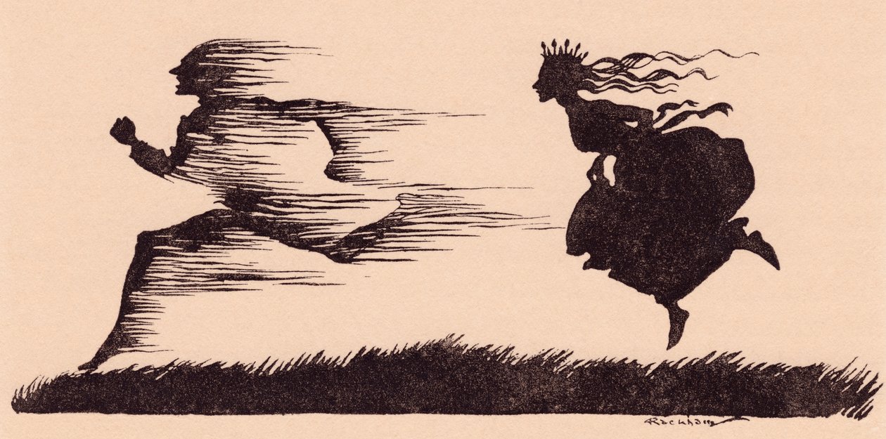 Era como si el viento hubiera pasado silbando. Ilustración de Arthur Rackham del cuento de hadas de Grimm, Cómo seis hombres se desenvolvieron en el mundo. de Arthur Rackham
