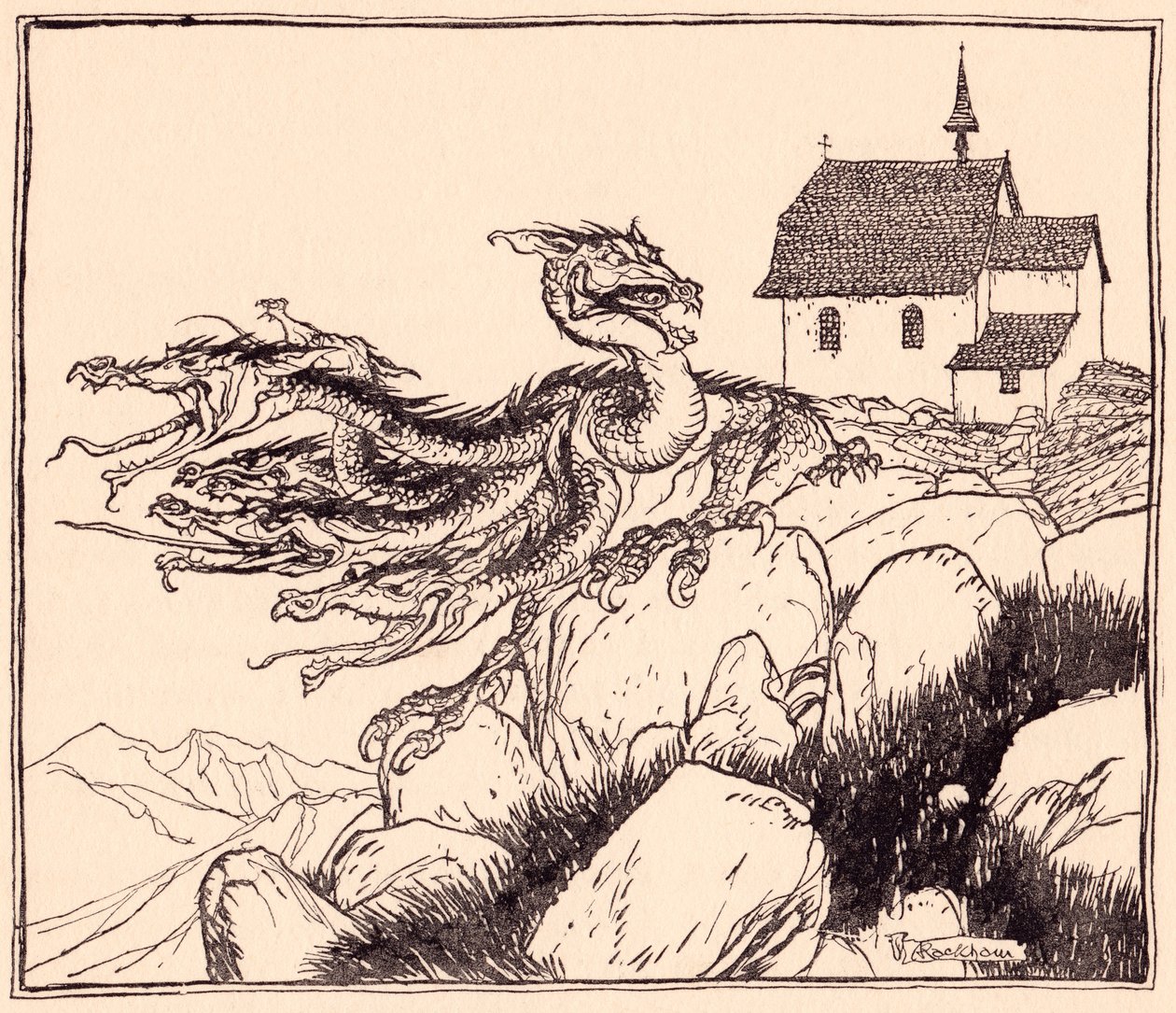 No tardó en llegar el dragón de siete cabezas, rugiendo ruidosamente. Ilustración de Arthur Rackham del cuento de hadas de Grimm, Los dos hermanos. de Arthur Rackham