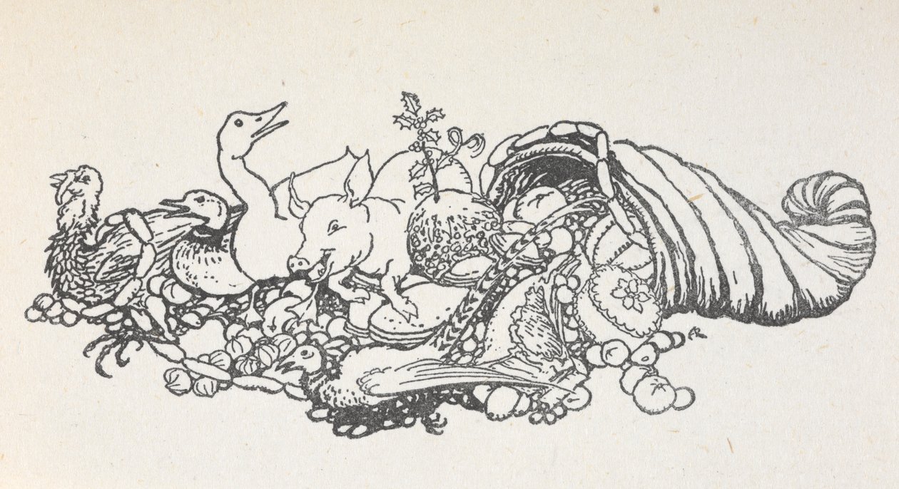 Artículos de un banquete navideño que salen de un cuerno. Incluye un pudin de Navidad, salchichas, un pavo, un cerdo, un pato, un faisán, una tarta y frutas. de Arthur Rackham